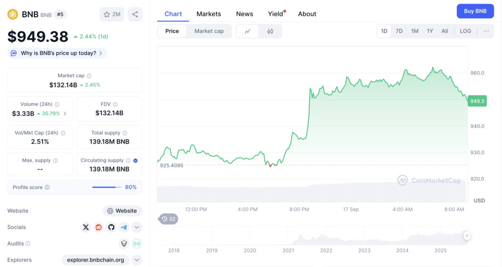 نمودار قیمت و اطلاعات بازار BNB - منبع: CoinMarketCap
